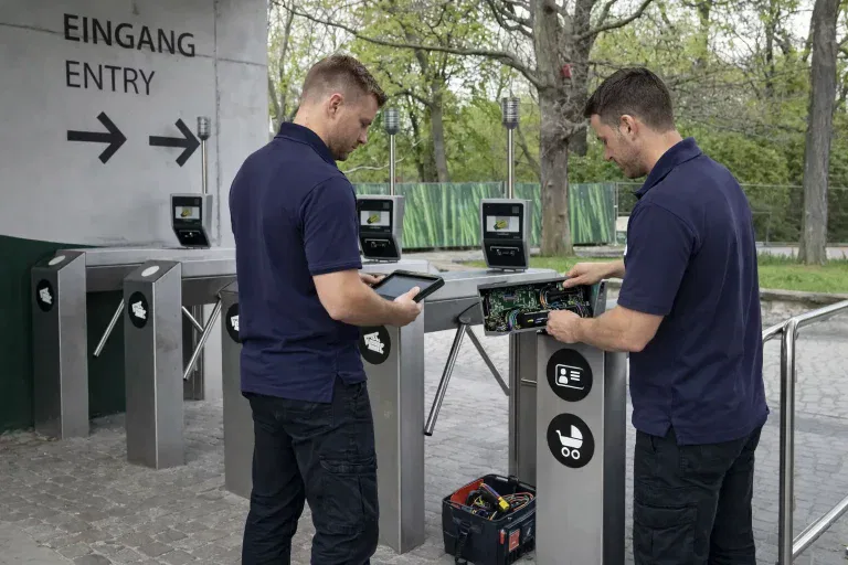 Zwei Techniker in marineblauen Hemden arbeiten an der Reparatur oder Inspektion von elektronischen Drehkreuzen an einem Eingangstor im Freien. Einer verwendet ein Tablet, während der andere freiliegende Schaltkreise untersucht. Eine Werkzeugtasche liegt in der Nähe auf dem Boden. Auf den Schildern steht 