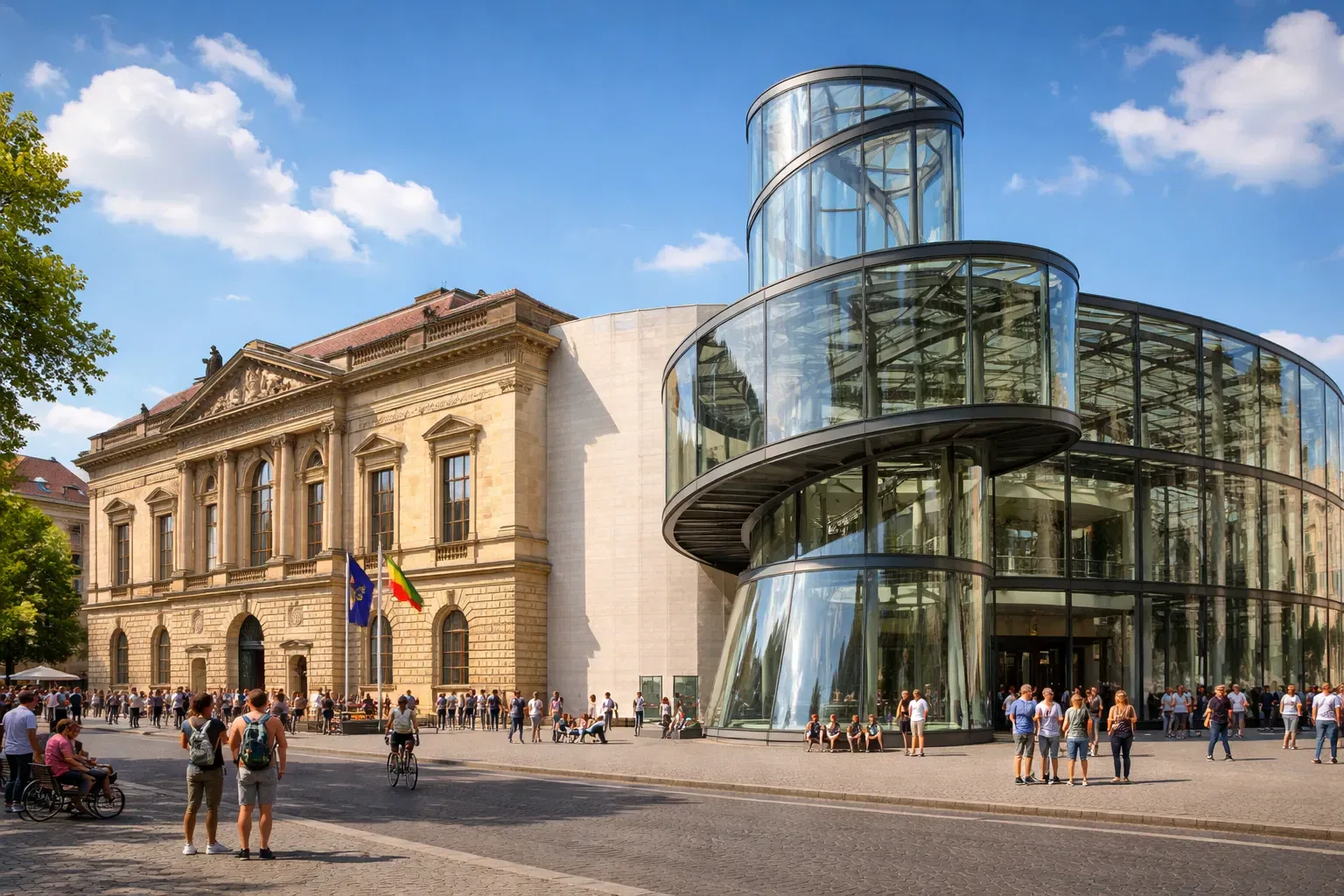 menschen gehen und stehen vor einem historischen gebäude mit säulen und fahnen, neben einem modernen glasbau mit spiralform, unter einem sonnigen blauen himmel.
