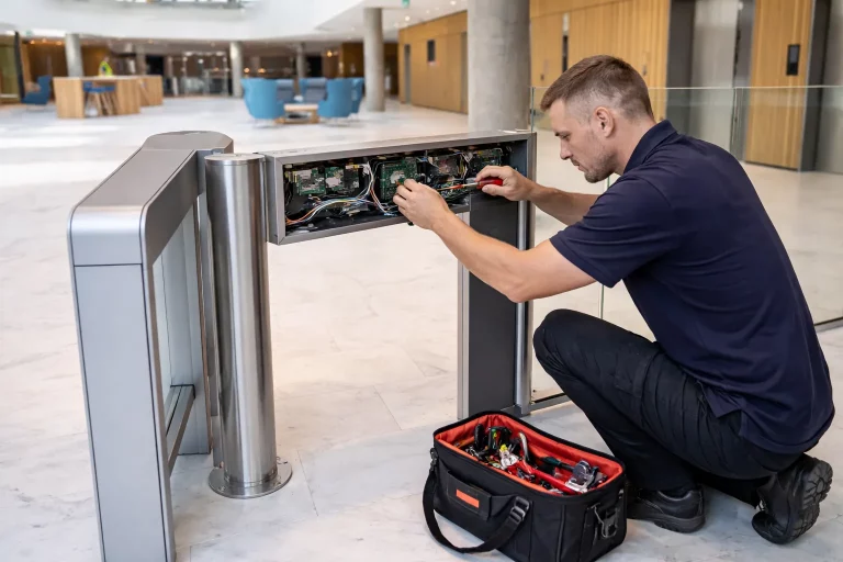 Ein Techniker kniet bei der Reparatur der elektronischen Komponenten eines Drehkreuzes in einem modernen Foyer eines Gebäudes und hat eine offene Werkzeugtasche neben sich auf dem Boden liegen.