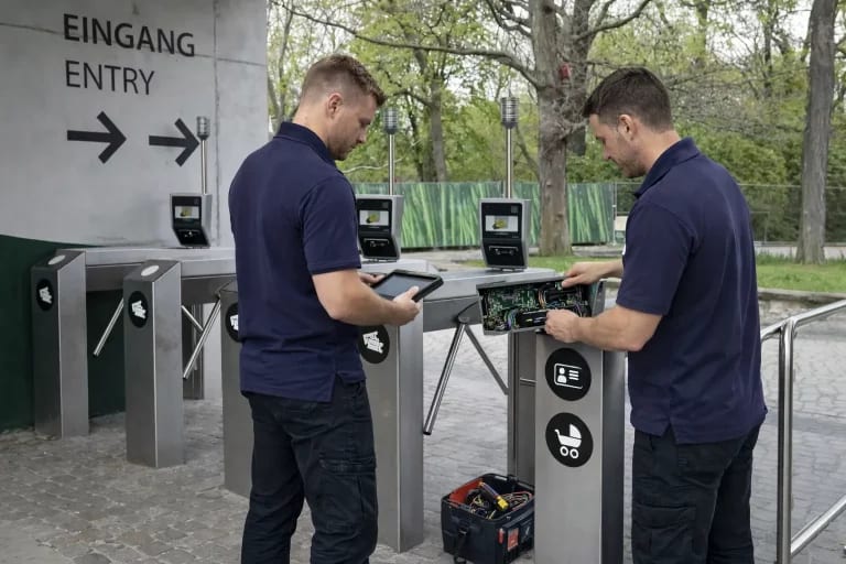 Zwei Techniker in marineblauen Hemden arbeiten an der Reparatur oder Inspektion von elektronischen Drehkreuzen an einem Eingangstor im Freien. Einer verwendet ein Tablet, während der andere freiliegende Schaltkreise untersucht. Eine Werkzeugtasche liegt in der Nähe auf dem Boden. Auf den Schildern steht "Eingang / Entry.