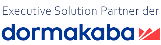 Logo mit dem Text "Executive Solution Partner der dormakaba" in blau, entworfen für eine Elementor Kopfzeile, mit dem dormakaba Logo mit drei roten geometrischen Formen auf der rechten Seite.